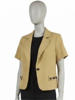 Le Bos Women’s Short Sleeve Cropped Yellow/Khaki Blazer With Accent Trim- Size